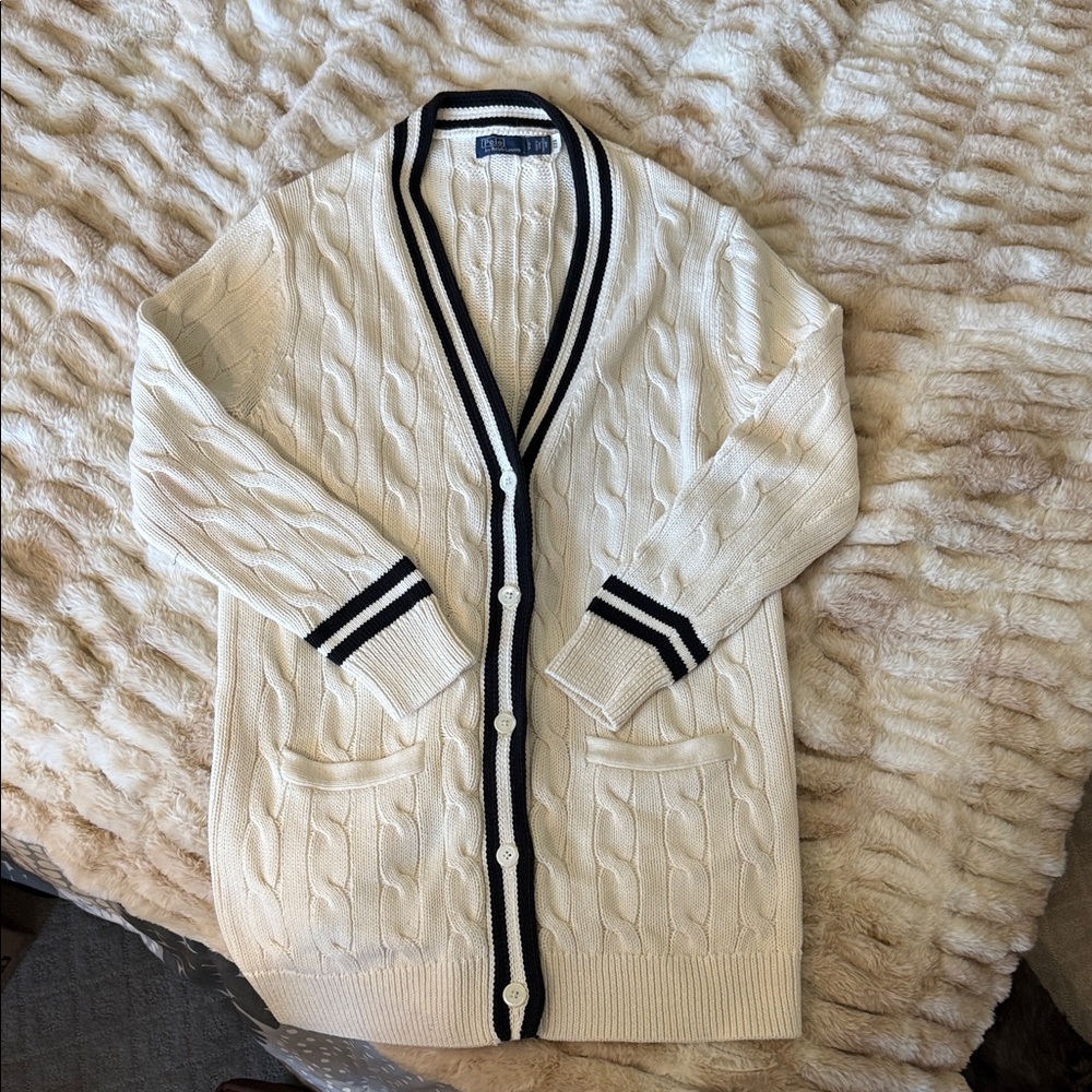 Polo by Ralph Lauren Cream Cable Knit Cardigan with Black Trim